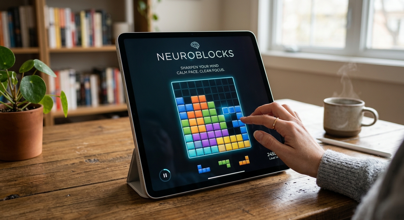 NeuroBlocks puzzle game on iPad — a person playing block puzzles in a calm, cozy setting.